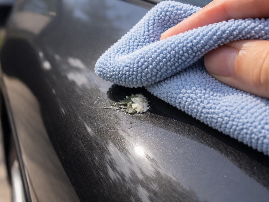Fresh bird droppings on a car paint surface being gently blotted with a cleaning cloth