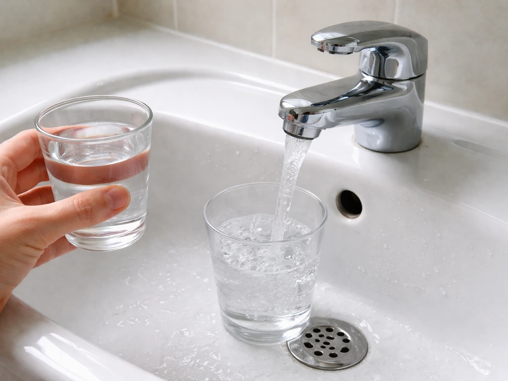 Hand holding a glass of water at a clean sink faucet for rinsing after exposure.