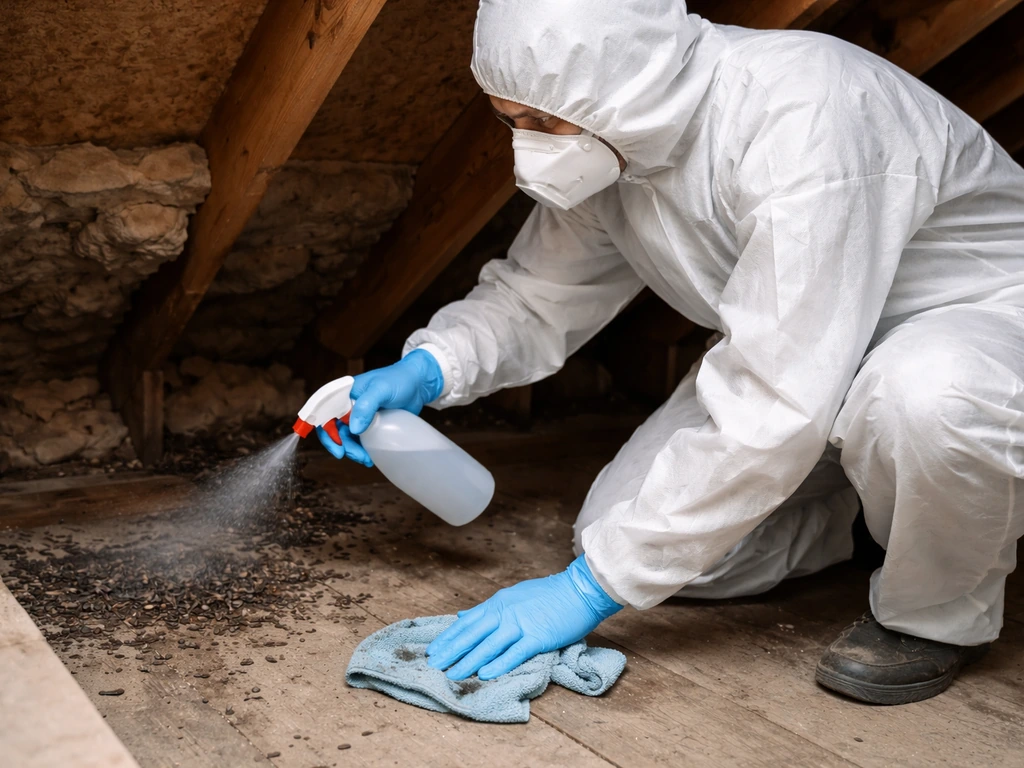 Anonymous cleaner in N95 and protective coveralls wet-cleaning an attic roost area