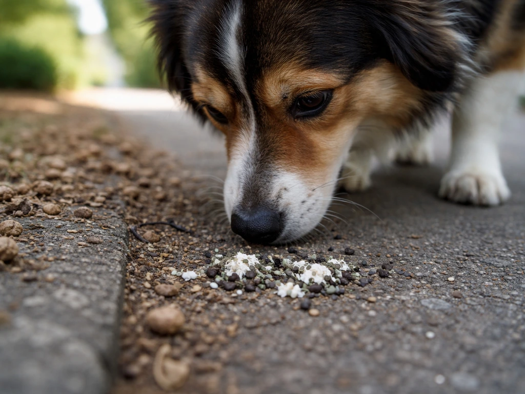 A dog sniffing bird droppings on an outdoor sidewalk/yard edge, showing curiosity and scavenging.