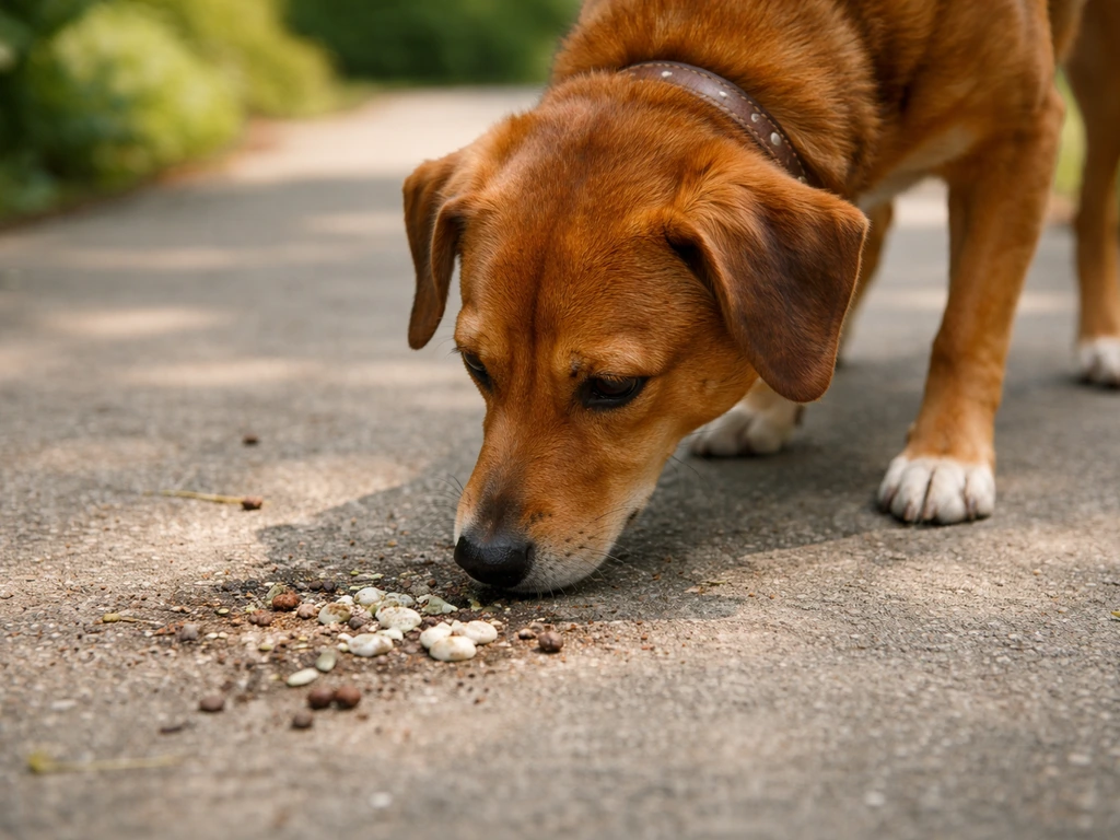 Brown dog sniffing bird droppings on a sidewalk outdoors, curious and interested