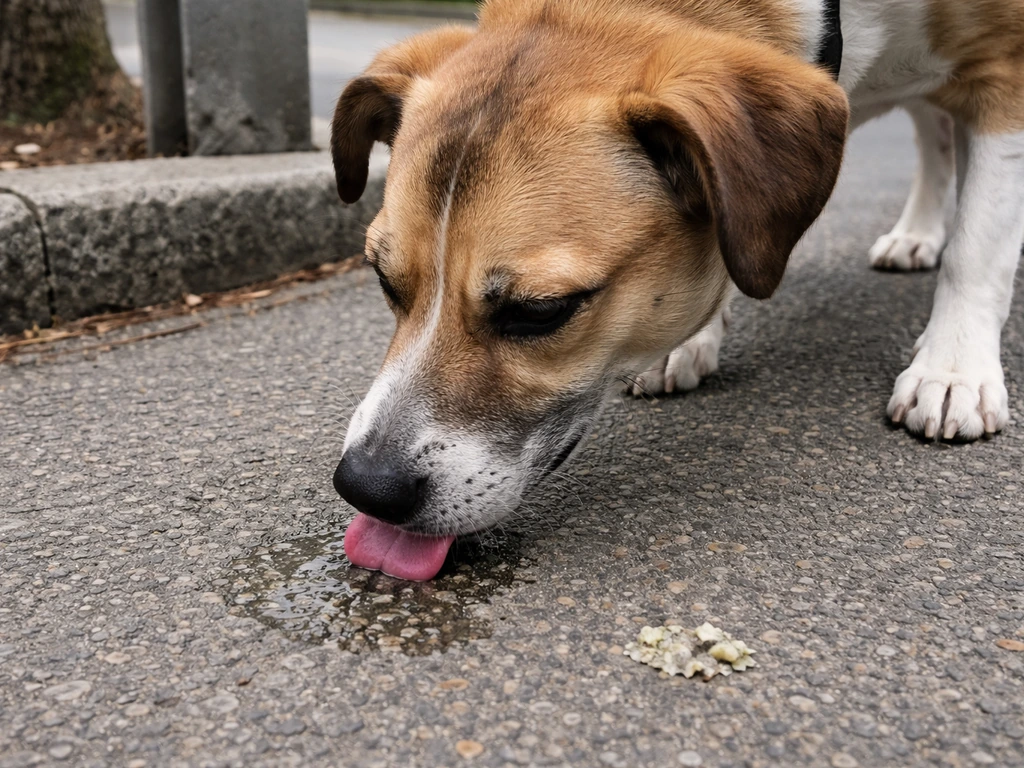 Dog licking a small spot on pavement near a tiny visible bird droplet, not fully eating it.