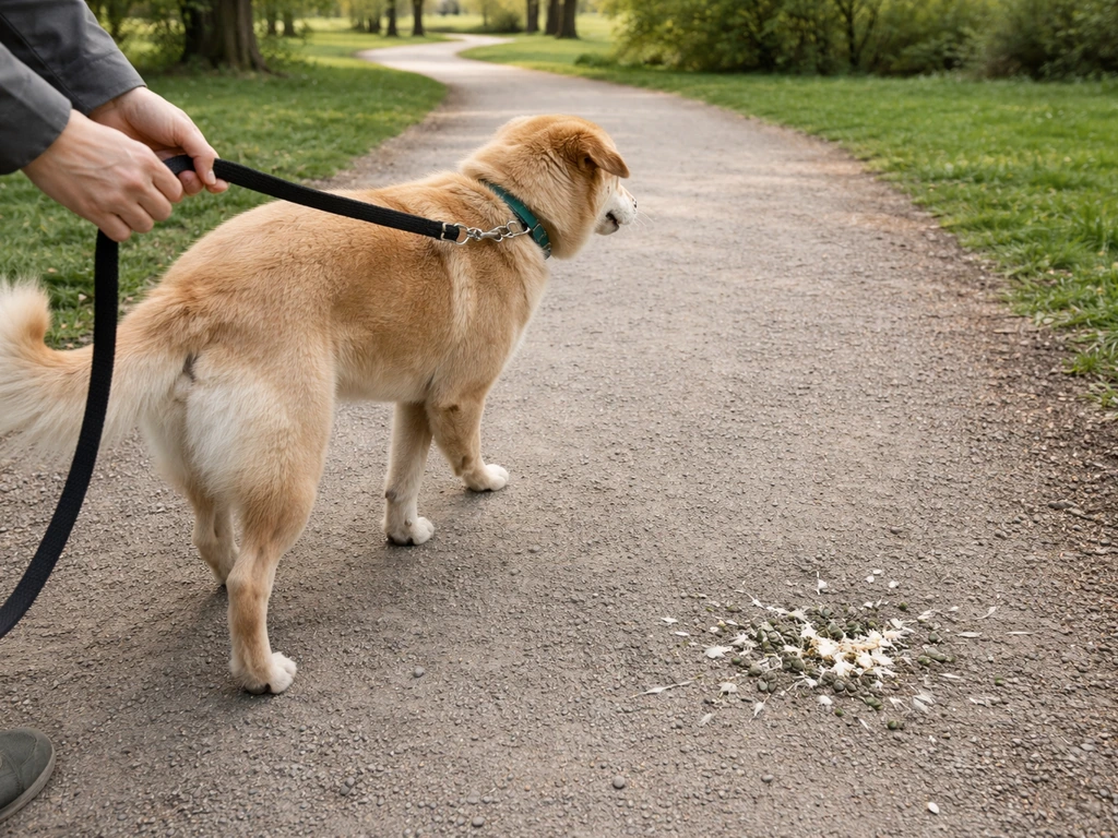 Person holding a dog on a leash as they guide it away from a patch on the ground with bird droppings.