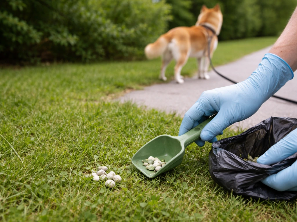 Gloved hand scoops bird droppings from a backyard while a leashed dog waits nearby on grass.