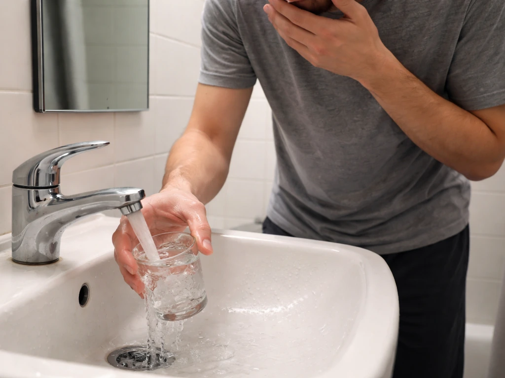 Person rinsing mouth at a bathroom sink after an accidental bird poop exposure