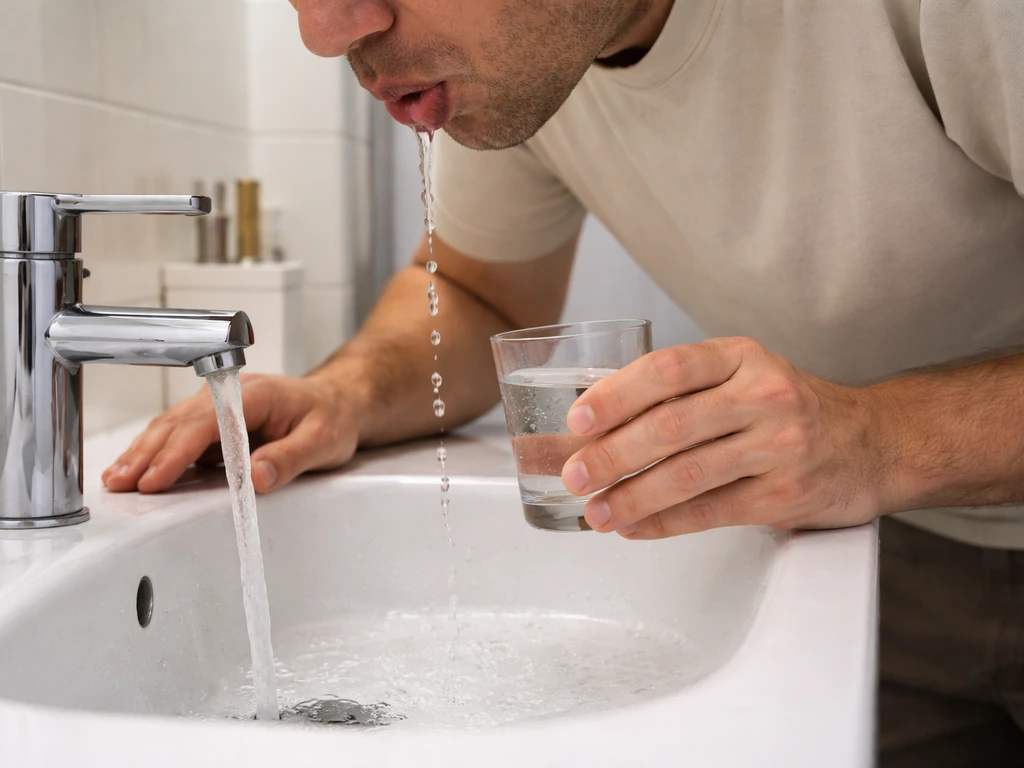 Person rinsing their mouth at a sink with clean water, spitting into the basin
