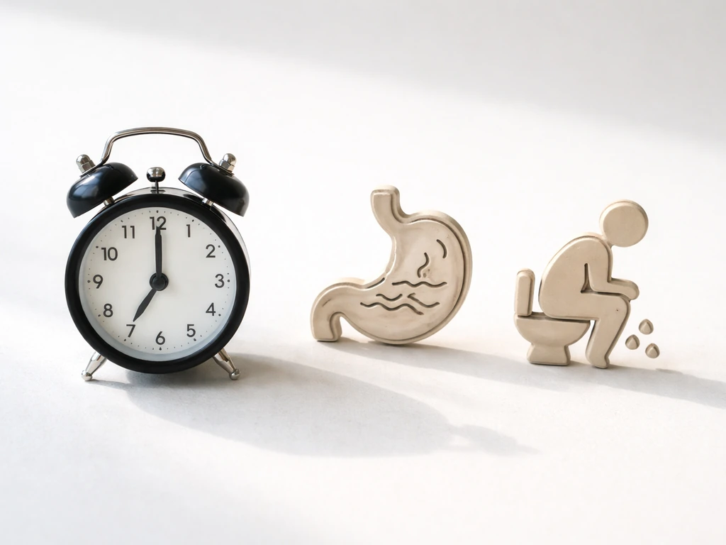 Minimal photo showing a simple stomach icon and diarrhea icon near a small alarm clock to suggest symptom onset windows.
