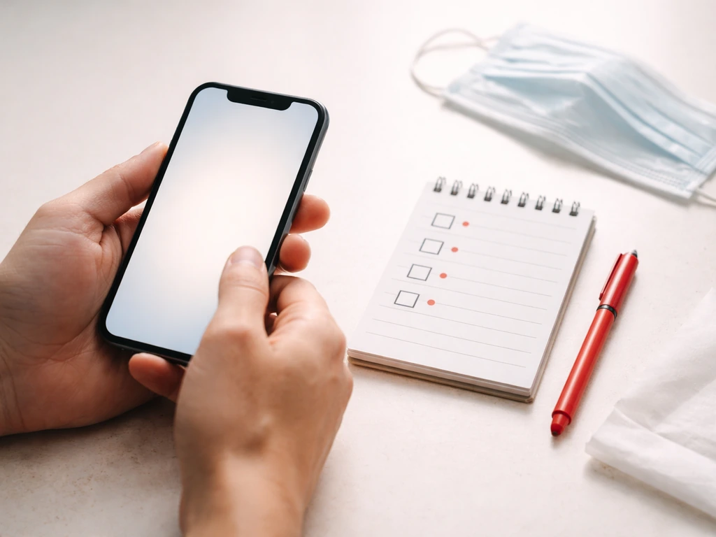 Person holding a phone and small checklist note with red-highlighted symptoms for urgent medical help