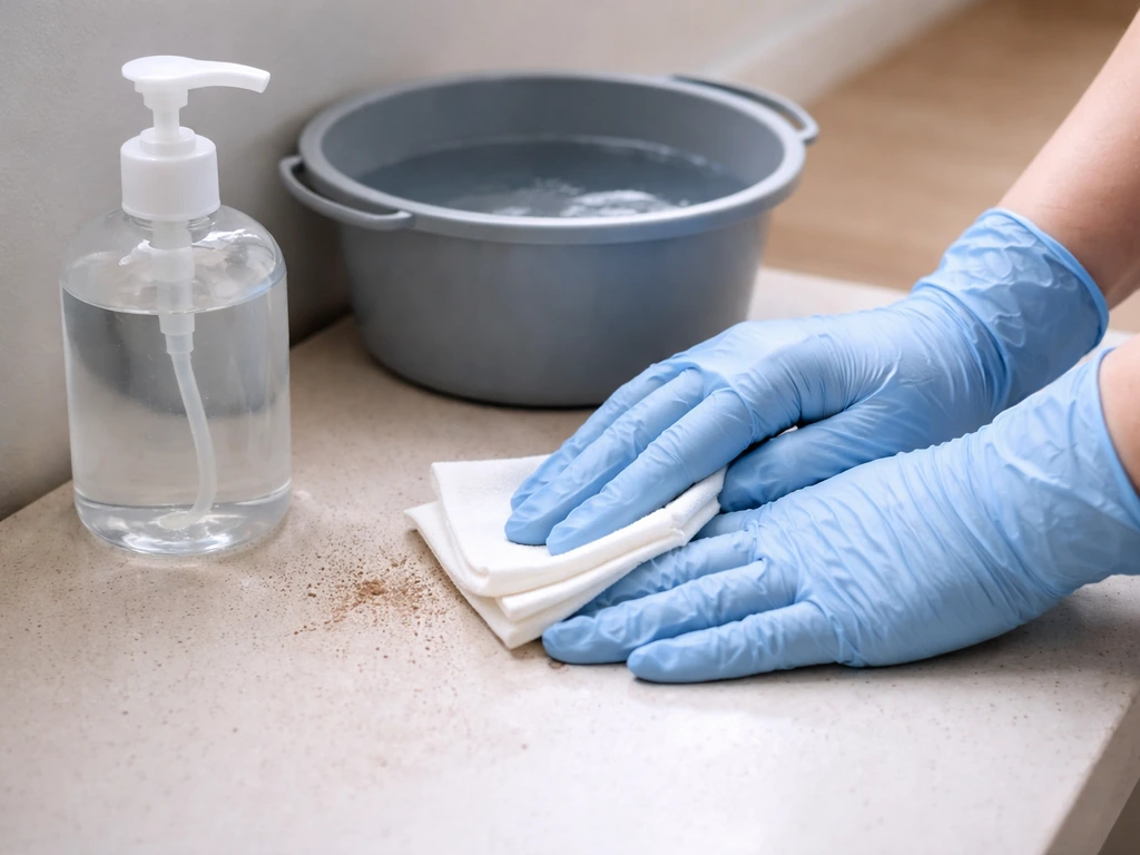 Gloved hands wiping a contaminated surface with disposable cloths beside a handwashing setup