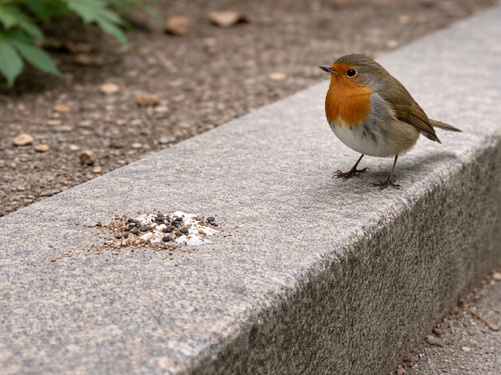 A bird perched on a ledge beside a small visible patch of bird droppings outdoors.
