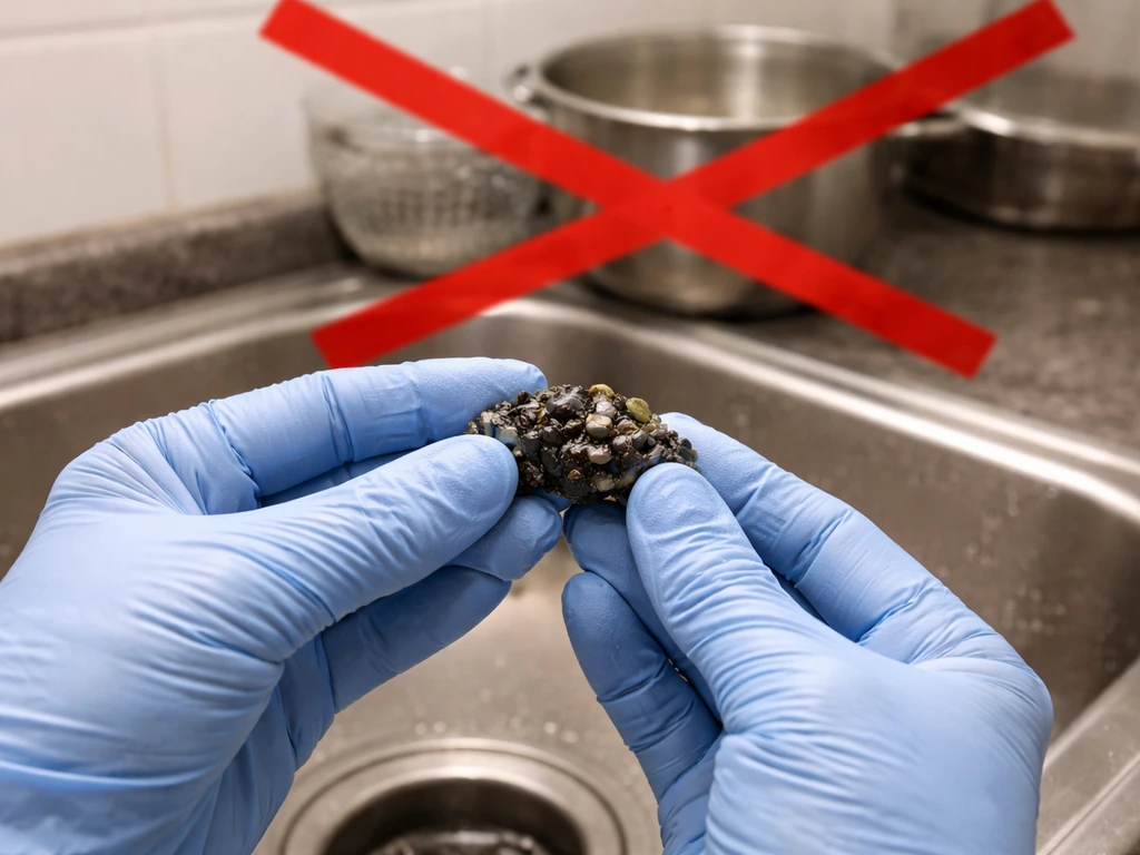 Gloved hands holding bird droppings over a sink with a blocked “X” to show it’s never safe to eat.