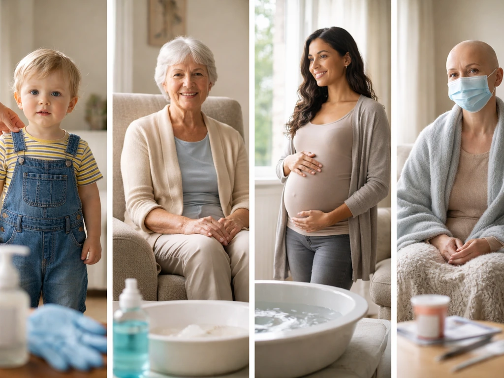 Four anonymous vulnerable people in a simple room, with hygiene items suggesting infection risk.