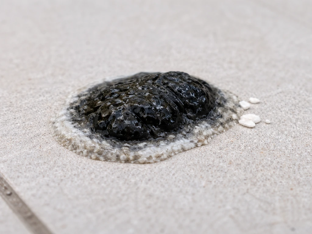 Macro close-up of dark bird droppings with small white urate traces on a light surface.