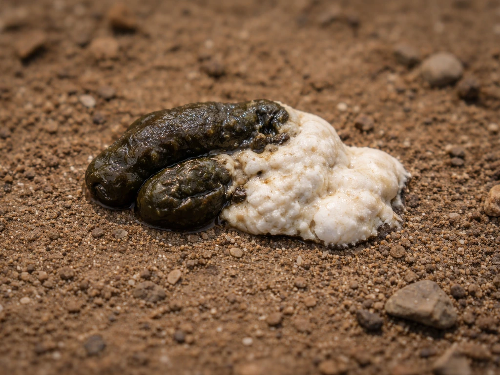 Close-up of bird droppings showing dark feces and white/cream urates on a natural surface.