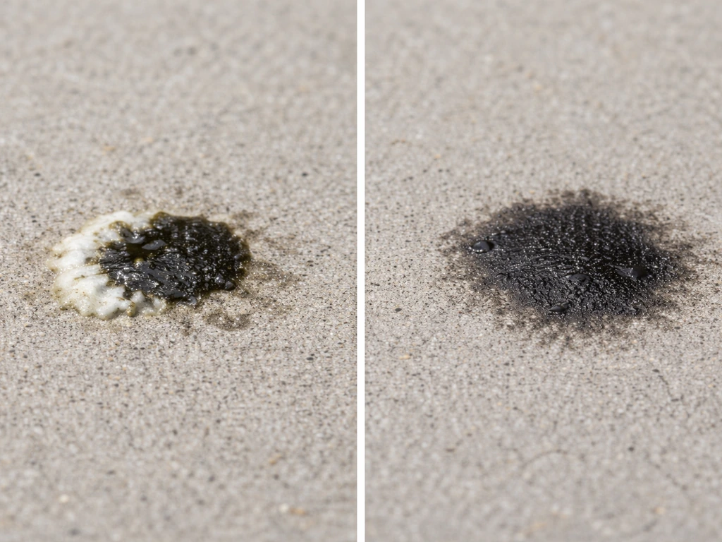 Two small outdoor piles: bird droppings with dark-and-white two-tone urates next to a dark soot/oil smear
