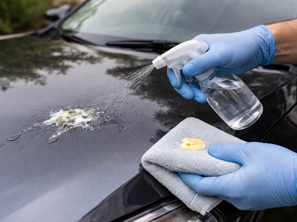Gloved hands wet and clean bird droppings on a car with water and gentle detergent cloth.