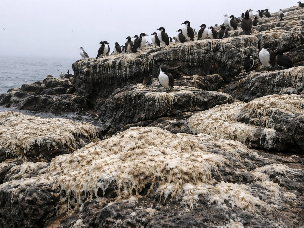 Seabird colony on a remote island with layers of dried droppings on rocky ground