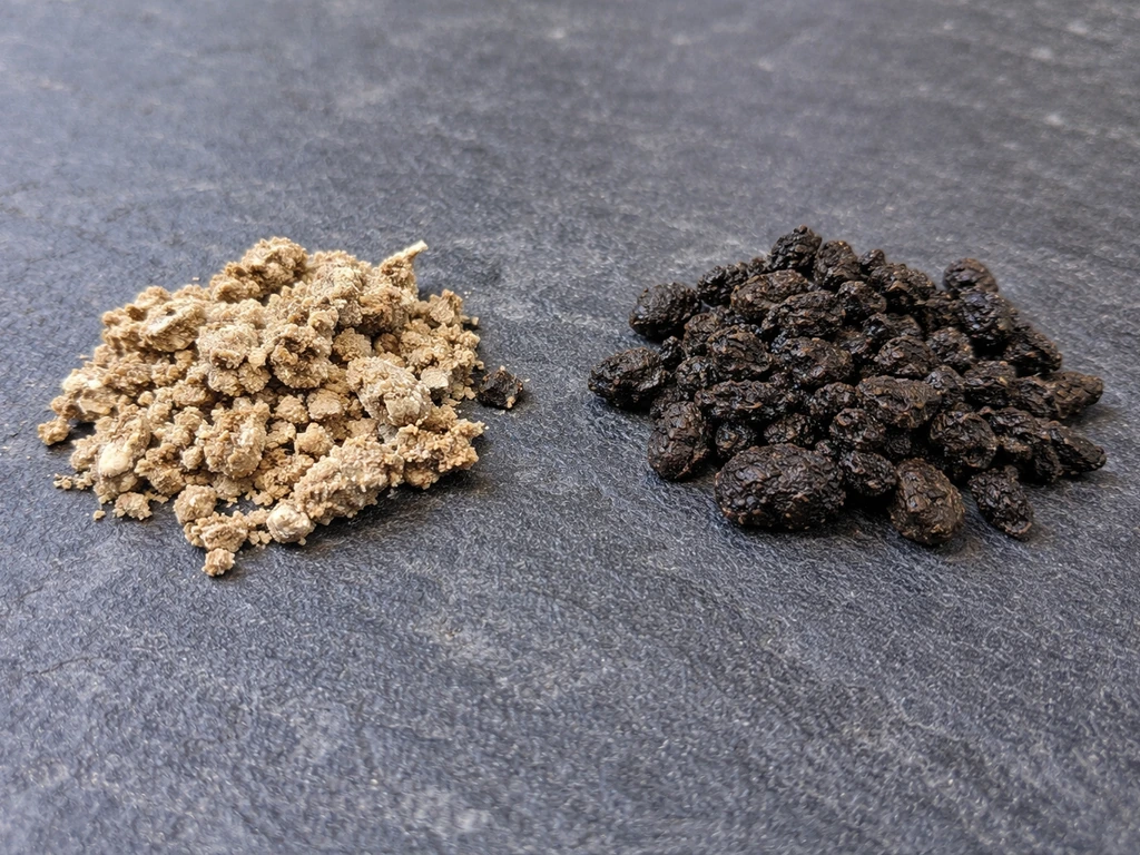 Two small piles of guano-like droppings on a dark surface: bird-like brown and bat-like darker, clumped.