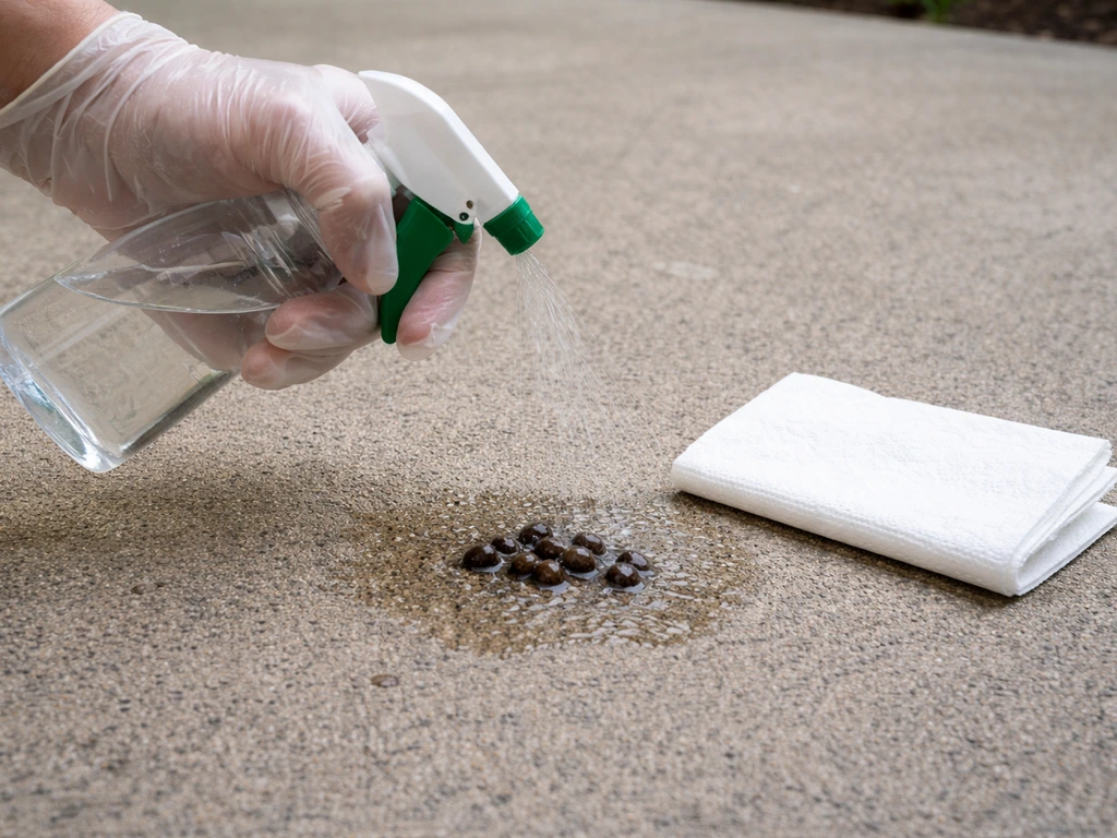 Gloved hand gently wetting and wiping small outdoor animal droppings on a patio with water to prevent dust.