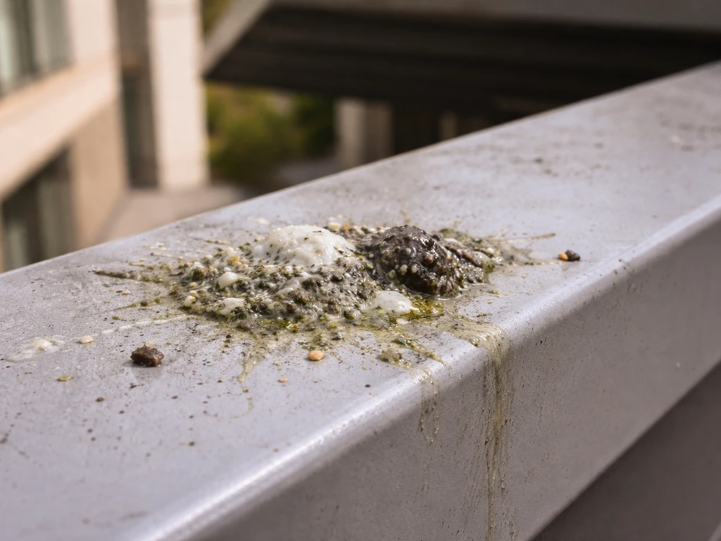 Close-up of bird droppings on a building ledge, suggesting contaminated surface risk.