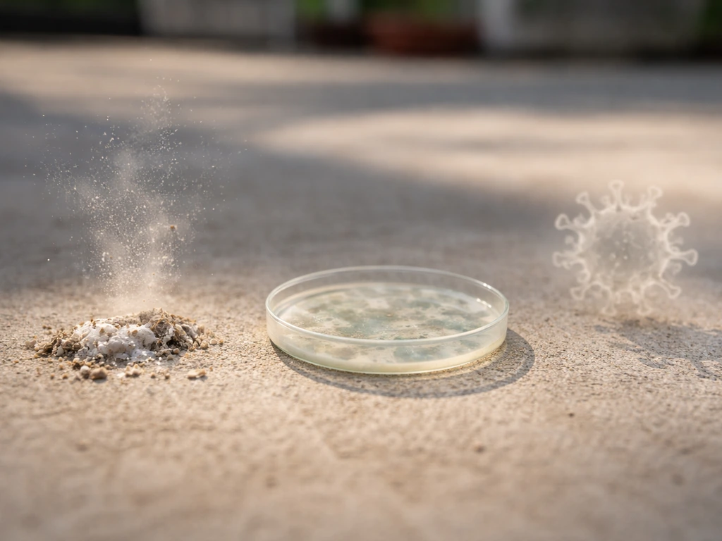Close-up of dried bird droppings with spore-like particles, a blurred petri dish, and a faint virus silhouette.