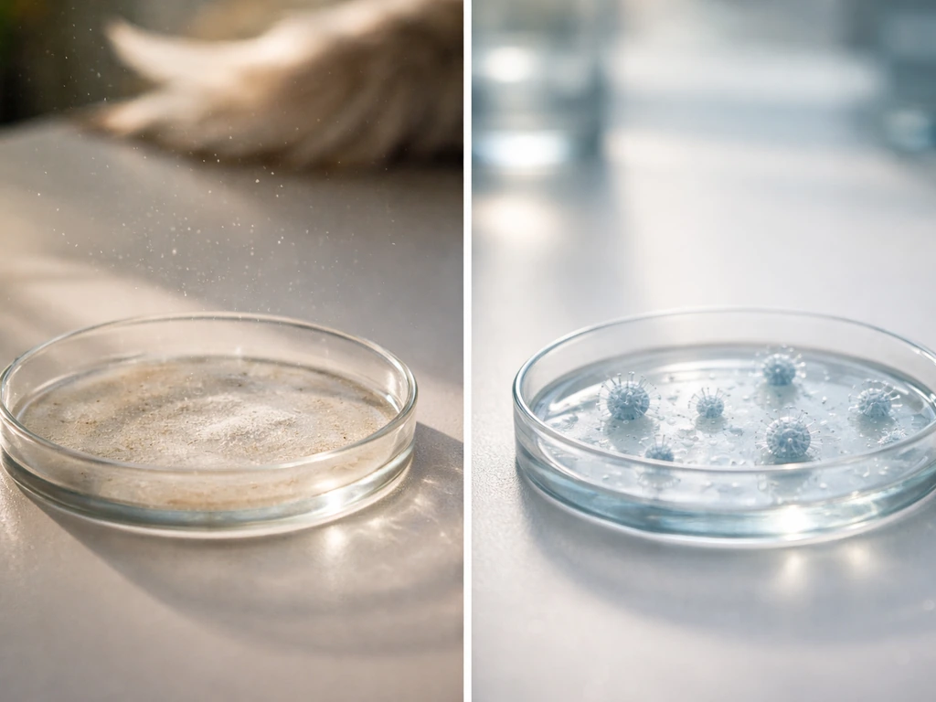 Minimal lab scene with bird droppings dust concept for bacterial infection and separate viral risk cue imagery.