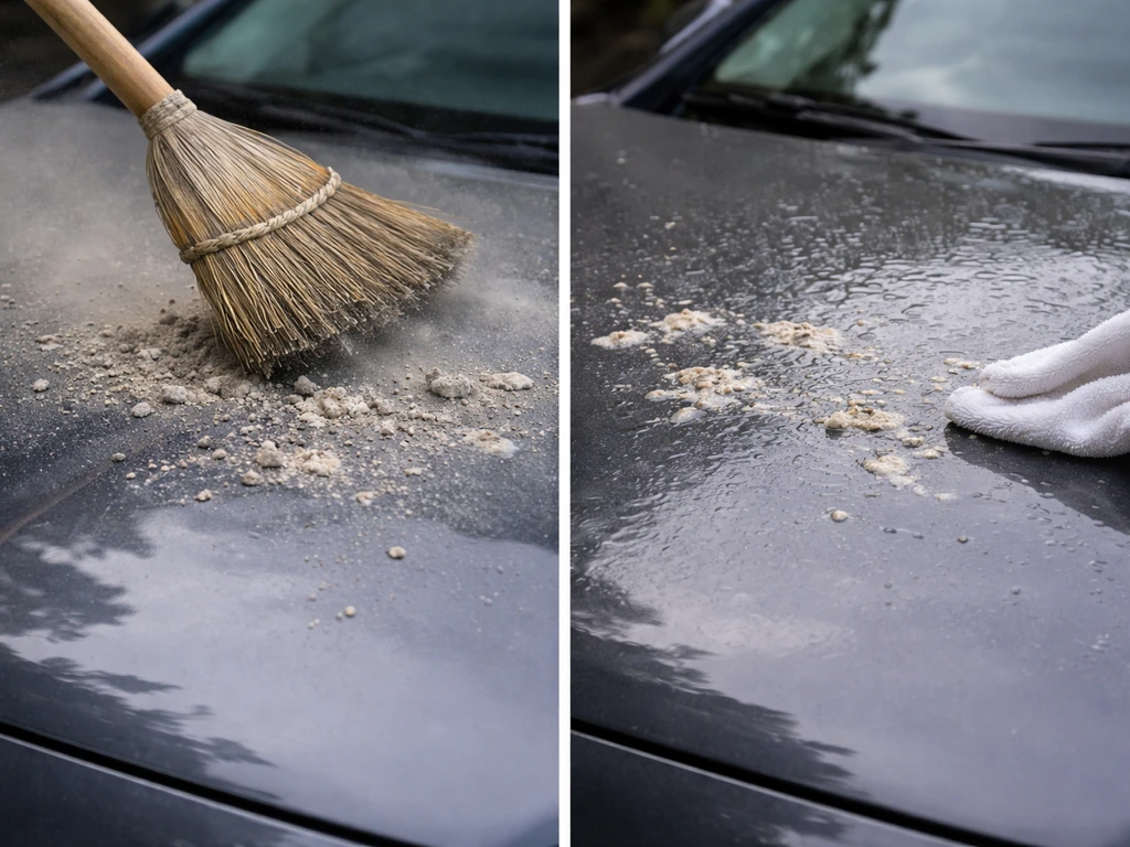 Car hood with bird droppings being safely wetted to prevent dusty airborne particles during cleanup.