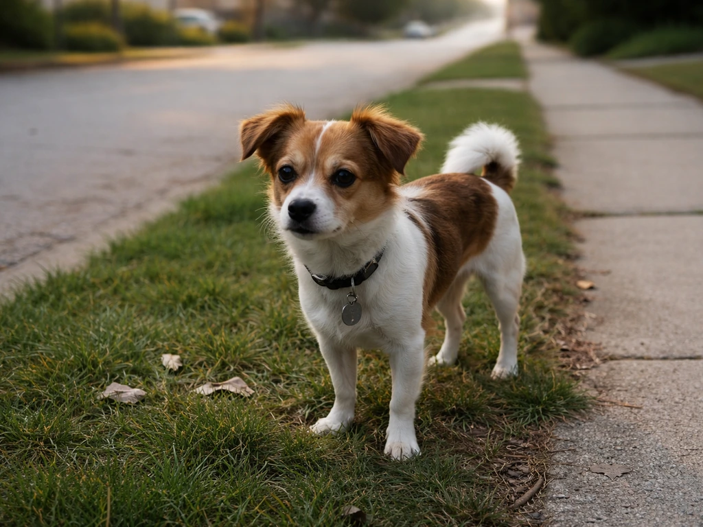 A dog outdoors near a sidewalk with a few bird droppings visible in the background.