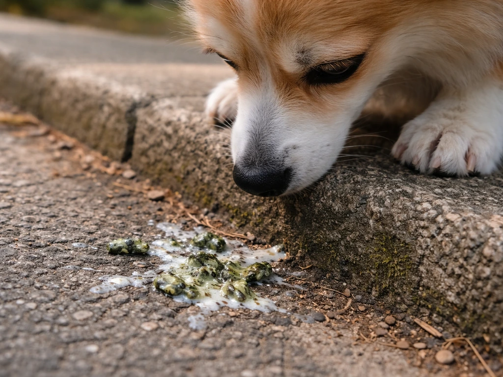 Close-up of a dog’s paws and muzzle near bird droppings on a sidewalk curb, showing exposure contact routes.