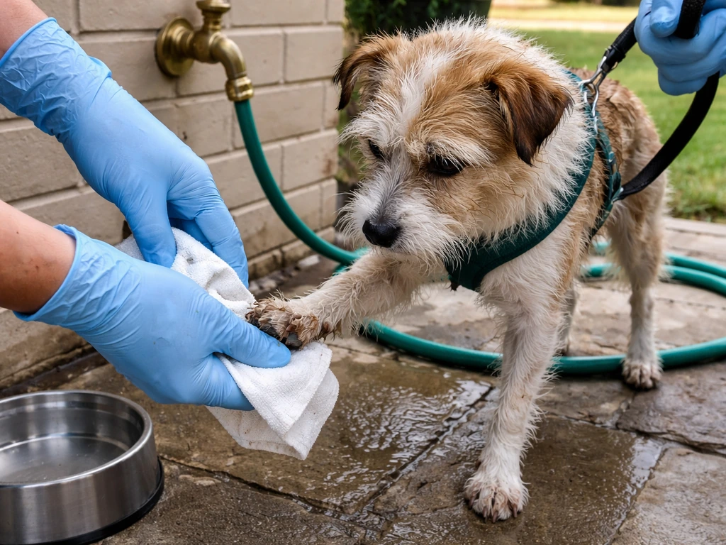 Gloved hand gently wiping a dog’s paws while a leash prevents further access in a simple yard setting.