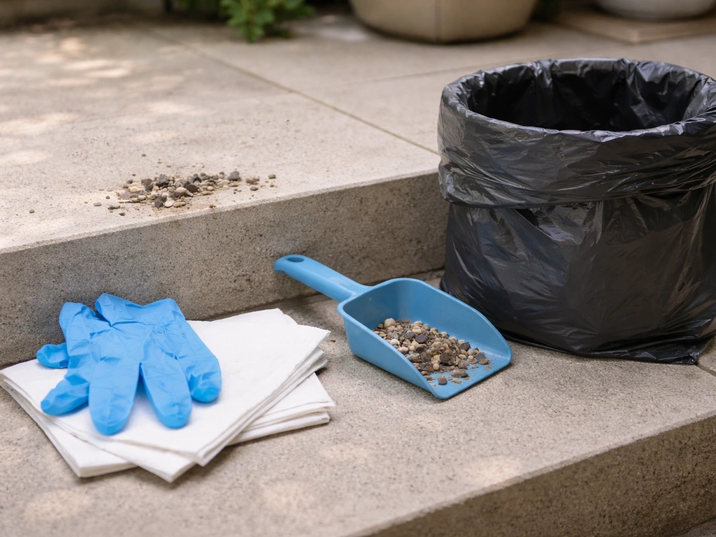 Disposable gloves, paper towels, and a scoop next to a trash bag for safely cleaning bird droppings.