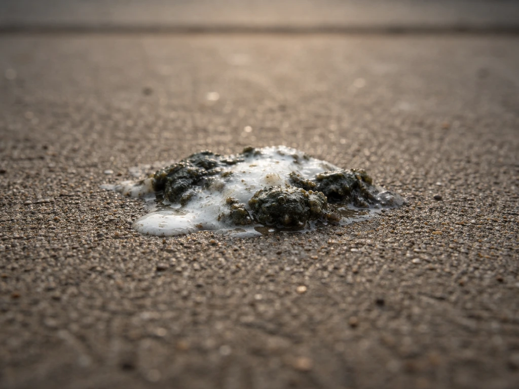 Extreme close-up of textured bird droppings on a sidewalk with shallow depth of field, suggesting harmful microbes.