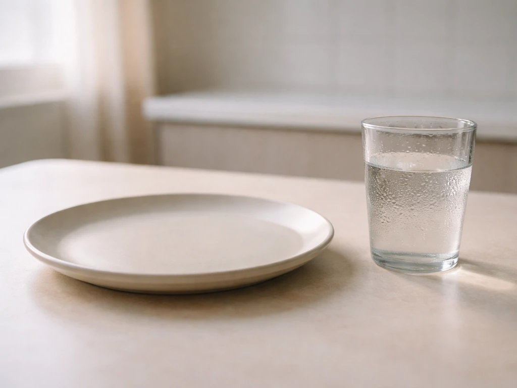 Minimal photo of a dining table with a glass of water and an empty plate, suggesting GI illness monitoring