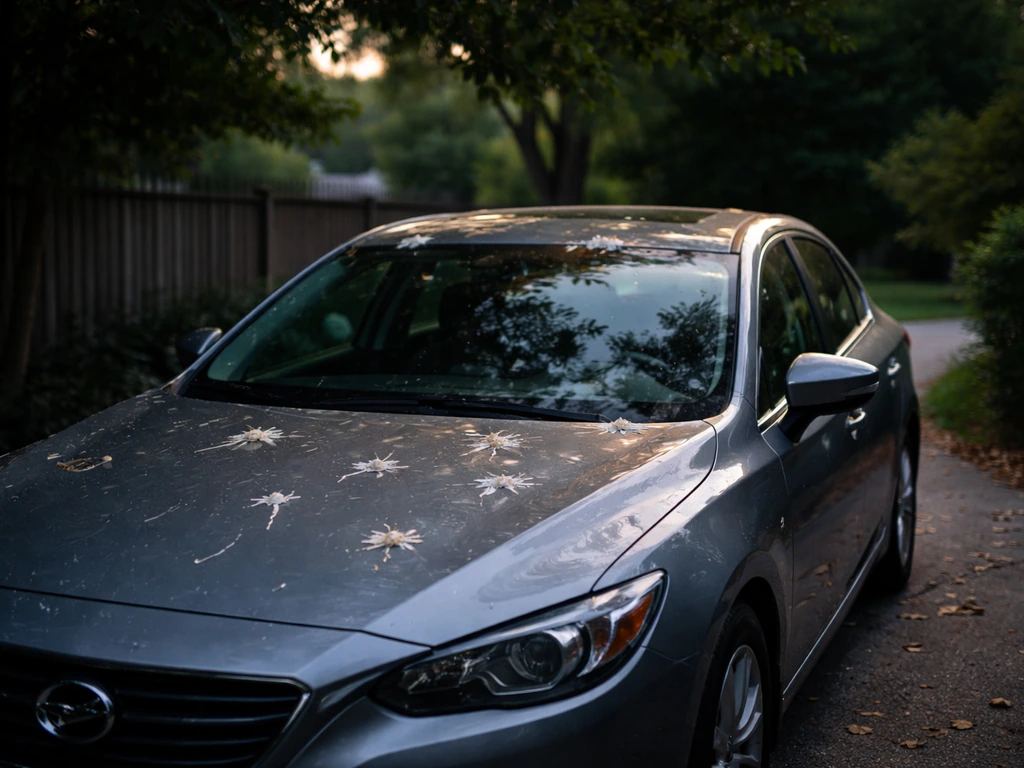 Car parked under trees with bird droppings on windshield/roof/hood areas at dusk.
