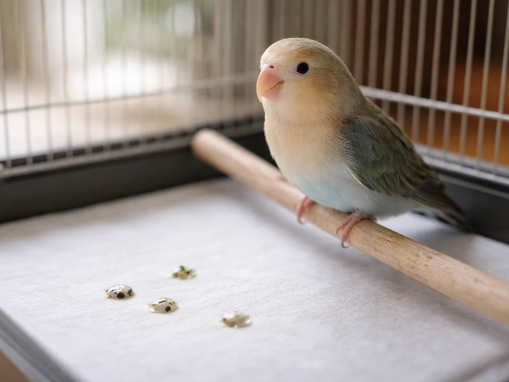 Small pet bird perched by its cage tray liner with a few fresh droppings visible
