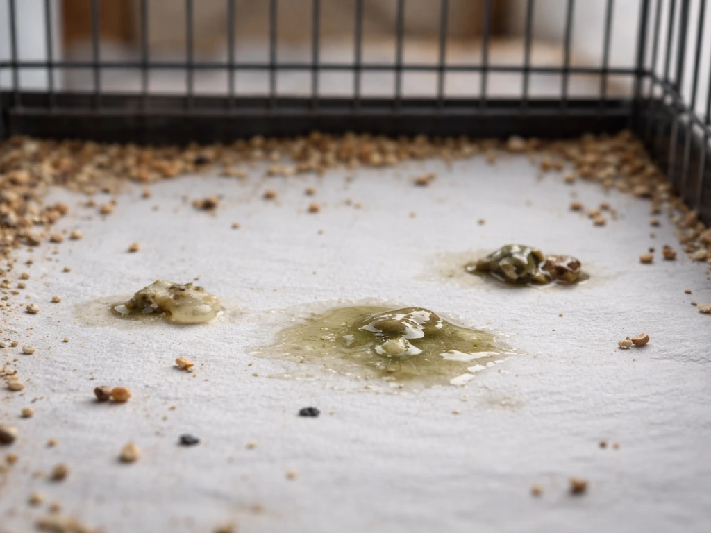 Close-up of bird cage floor showing sparse, watery and slightly discolored droppings in a minimal scene.