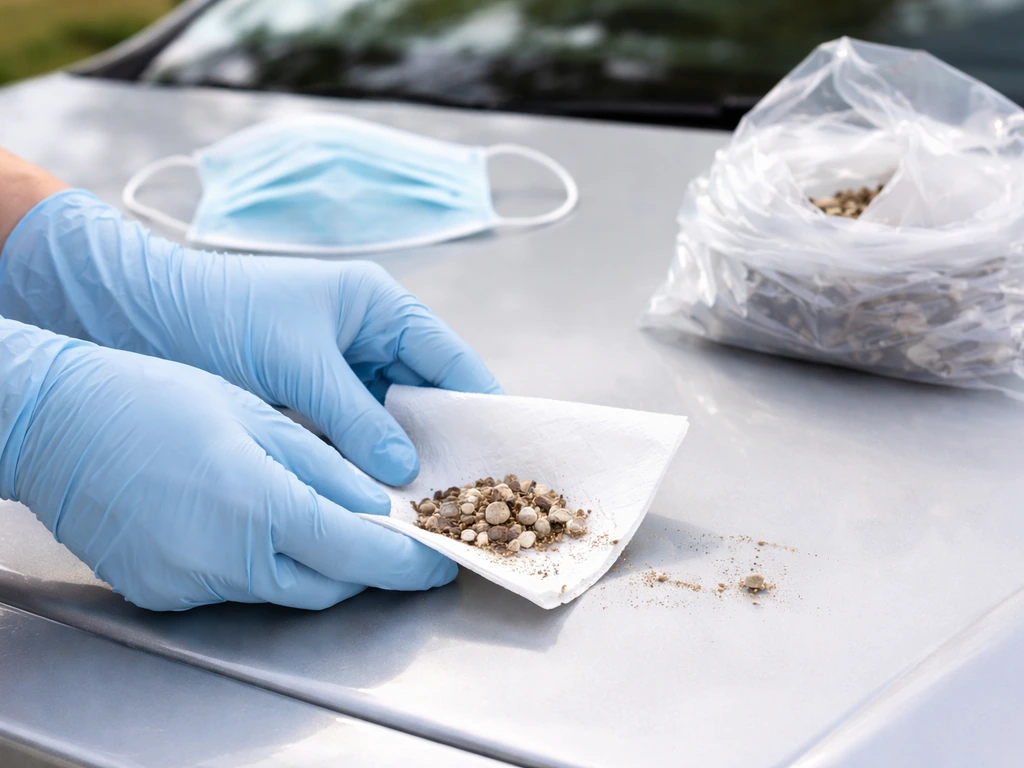 Gloved hands lifting bird droppings with a disposable liner into a sealed plastic bag, with a mask nearby