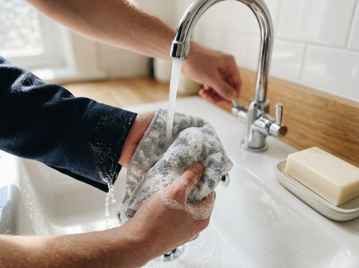 Rinsing and washing fresh bird droppings off clothing/skin at a sink