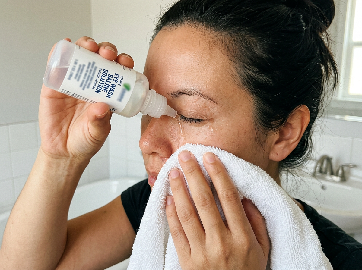 Irrigating an eye with clean water after bird droppings contact