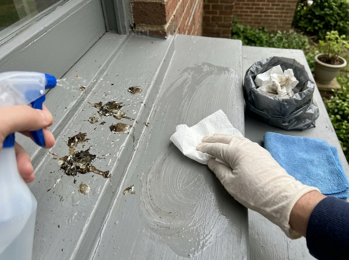Wet-first wipe-second cleanup of bird droppings on a windowsill