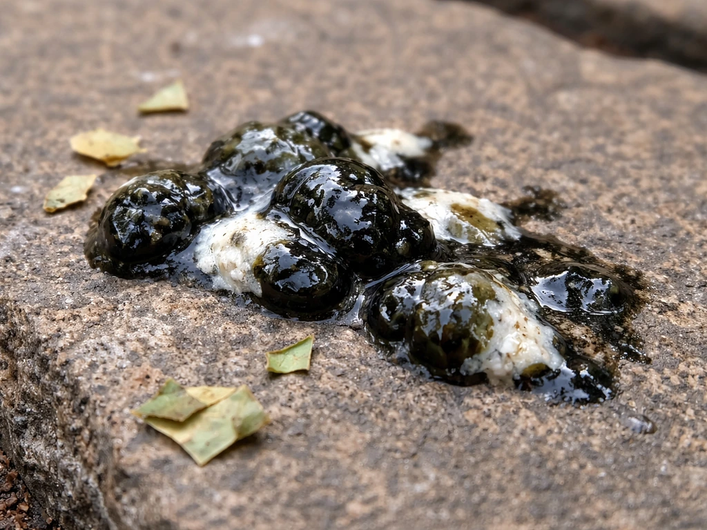 Close-up of very dark bird droppings on stone with bright white urates.