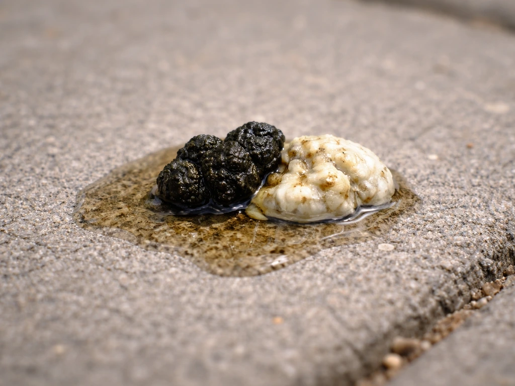 Three-part view of typical bird droppings: dark feces, white urates, and clear urine liquid