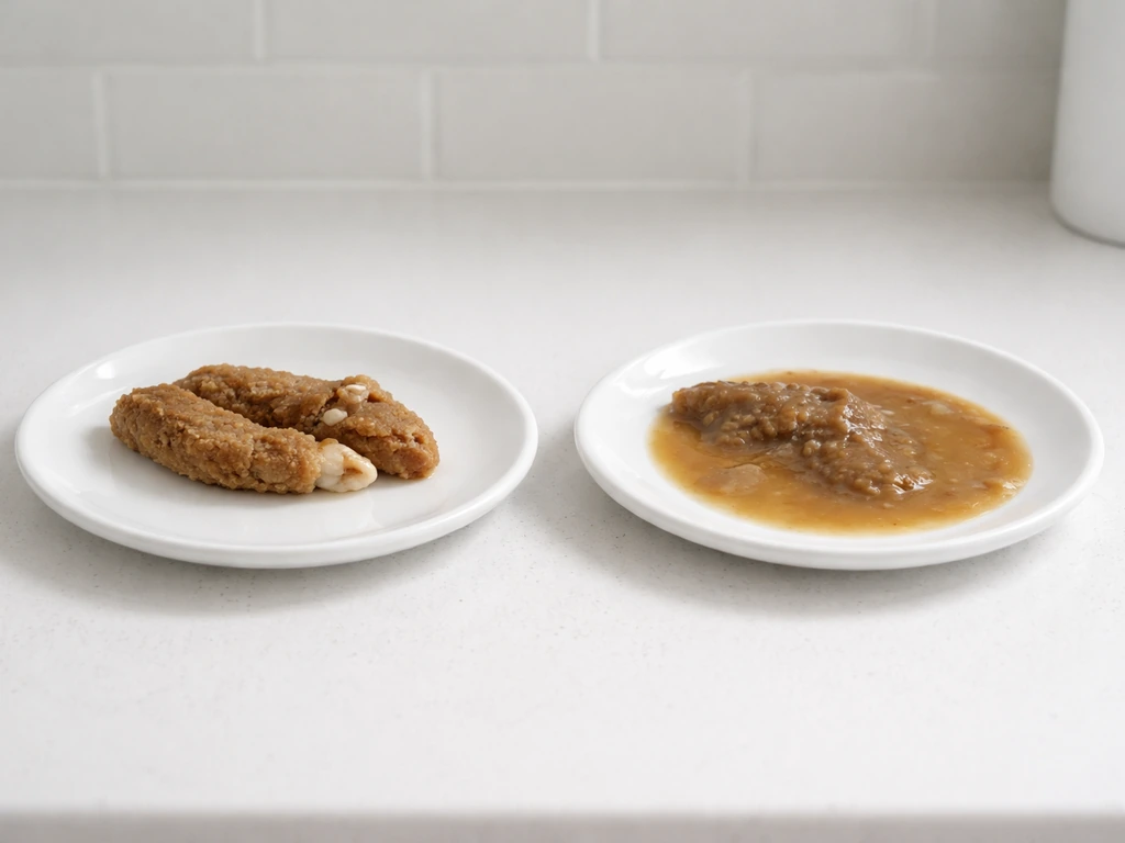 Close-up of two stool samples on separate plates showing healthy vs concerning appearance cues.