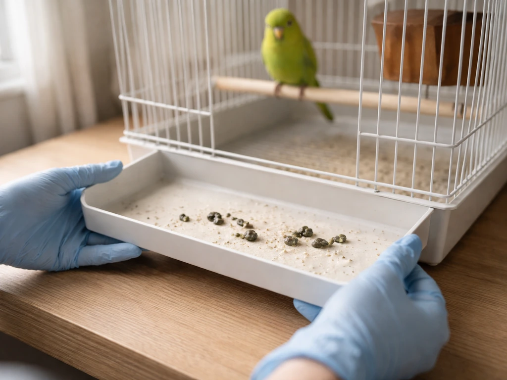 Person gently inspecting a pet bird’s cage floor droppings, showing dark droppings and white urate.
