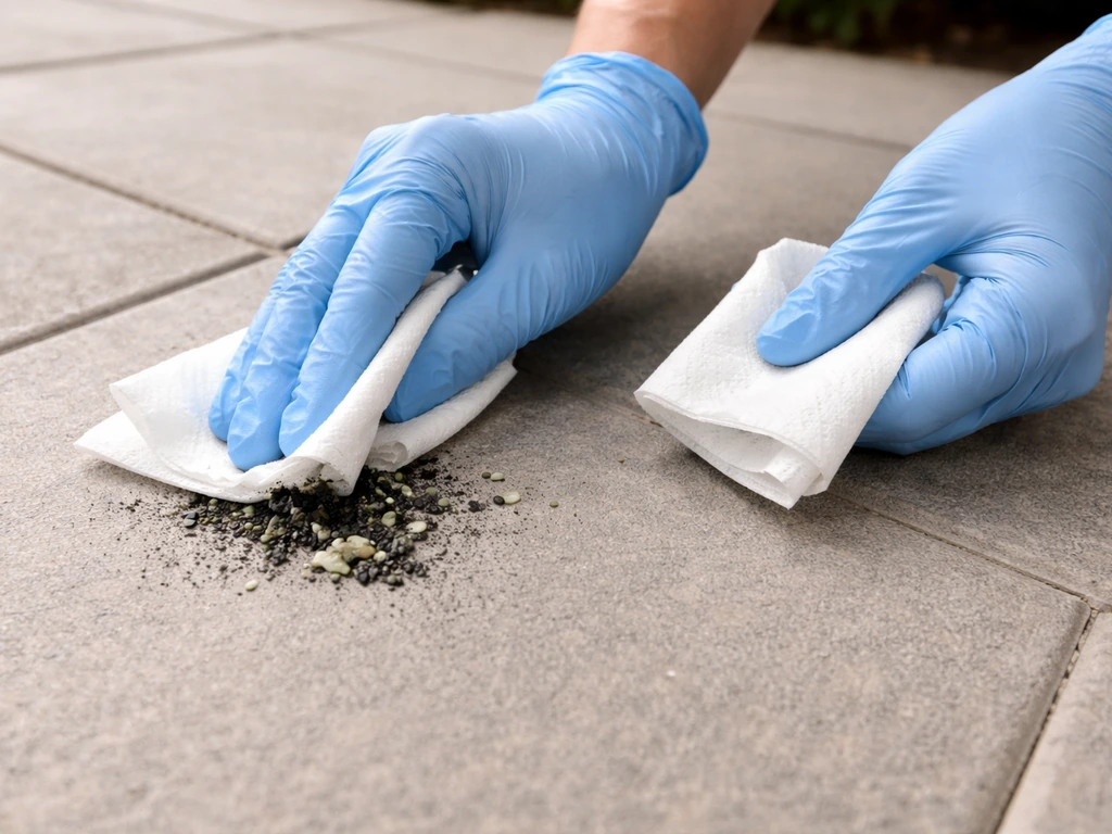 Gloved hands using paper towels and disinfectant wipes to safely clean fresh bird droppings.