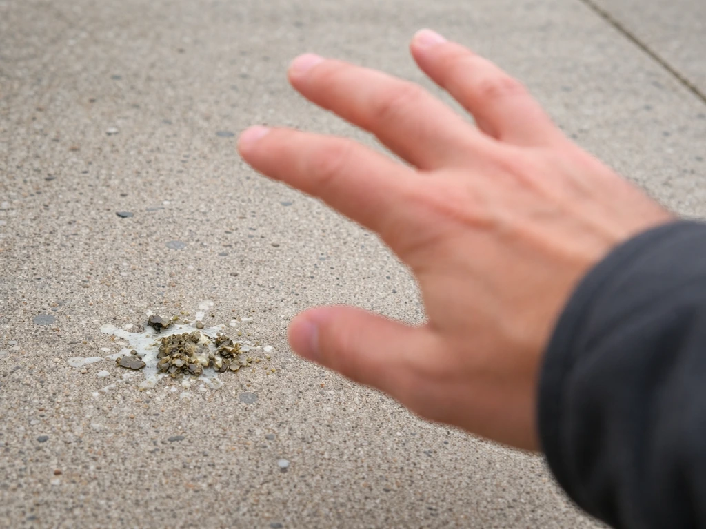 Hand pulling away from a small patch of bird droppings on a sidewalk, suggesting immediate safe cleaning.