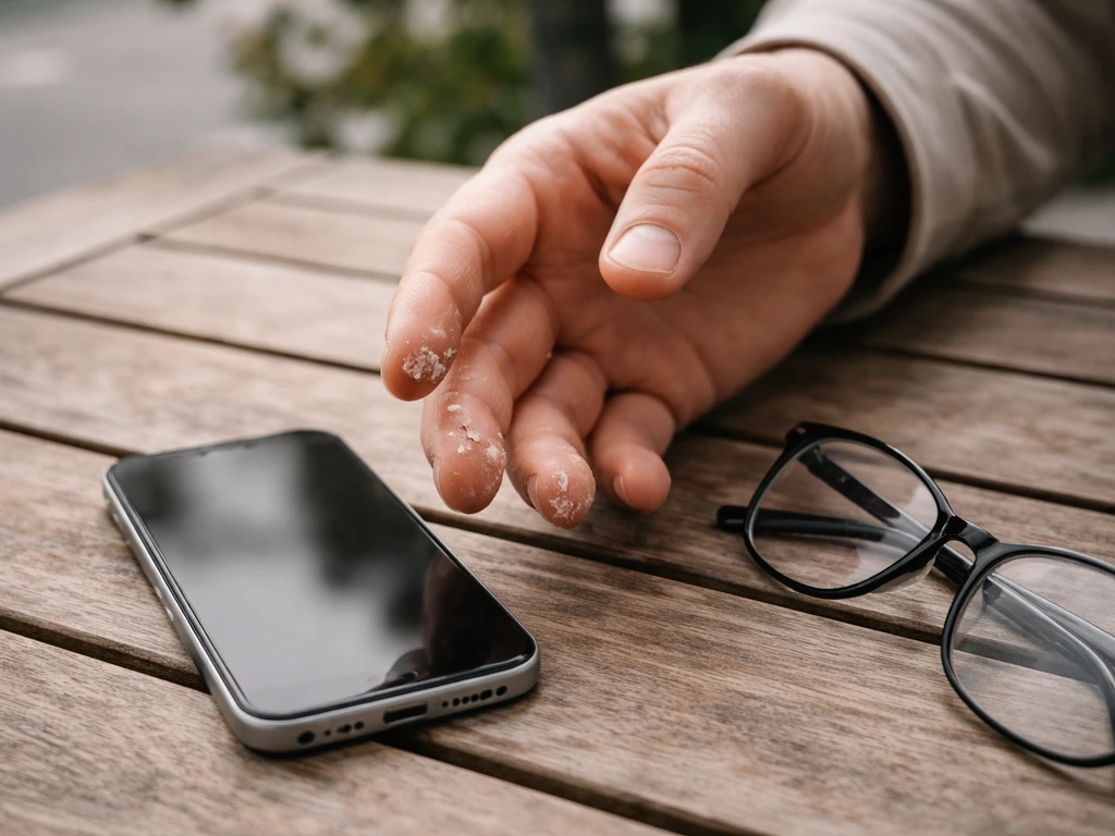 Hand with small dried bird droppings residue near a smartphone and glasses, suggesting contamination spread risk.