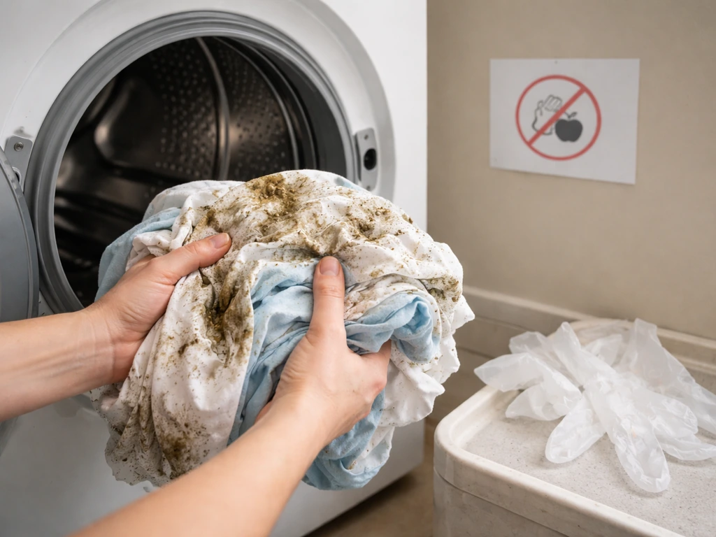 Bird-dropping–splattered laundry being loaded into a washing machine, with disposable gloves nearby