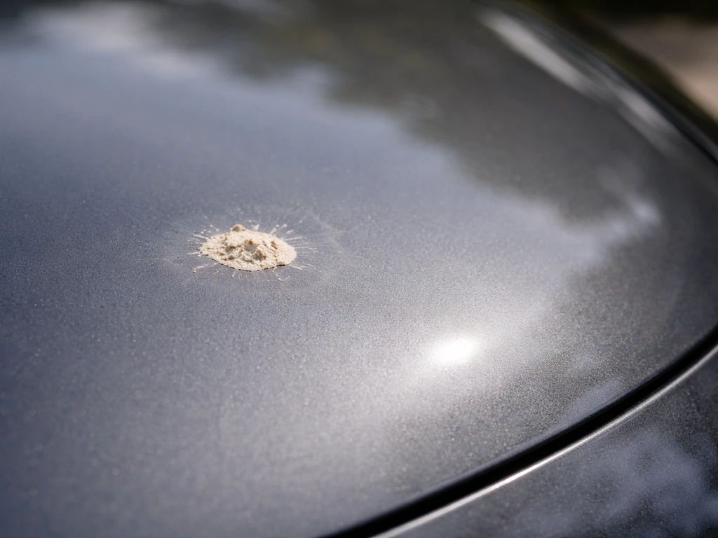 Close-up of car paint with a dried bird droppings spot and faint clear-coat etching