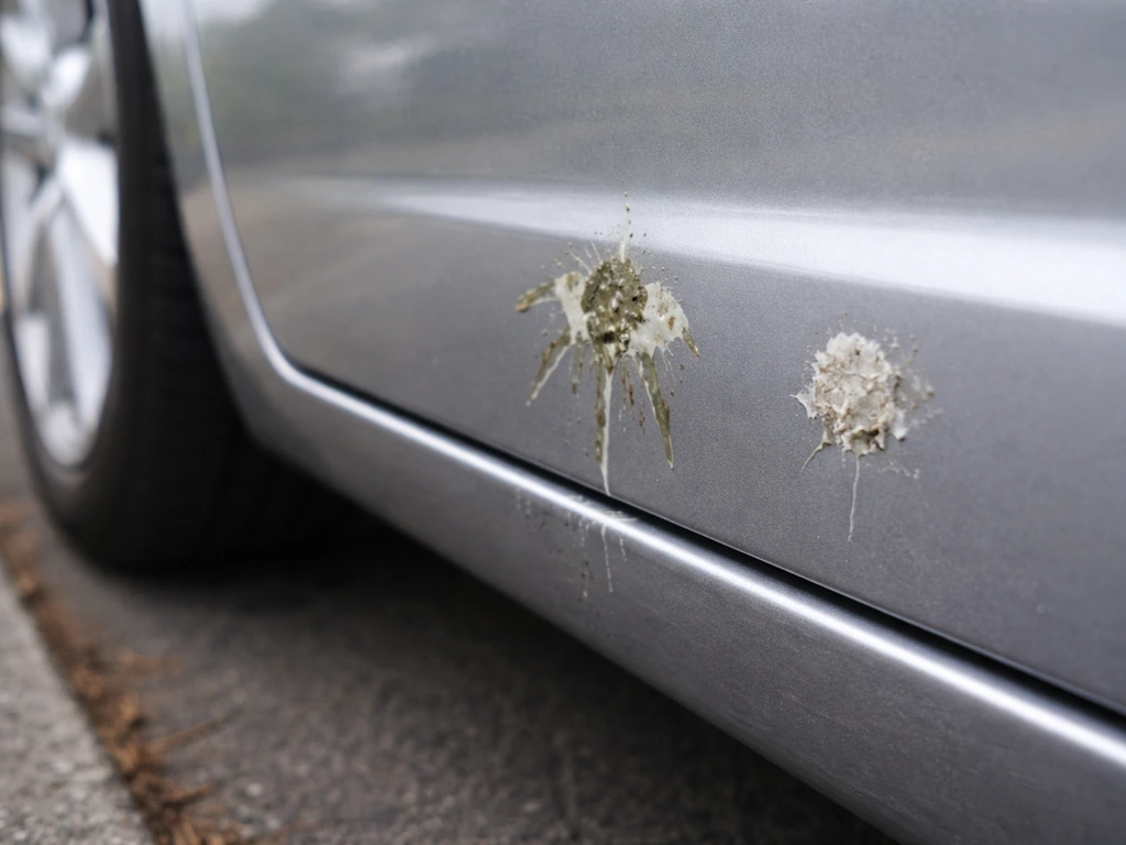 Close-up of a car door panel with fresh and older bird droppings on the paint surface.